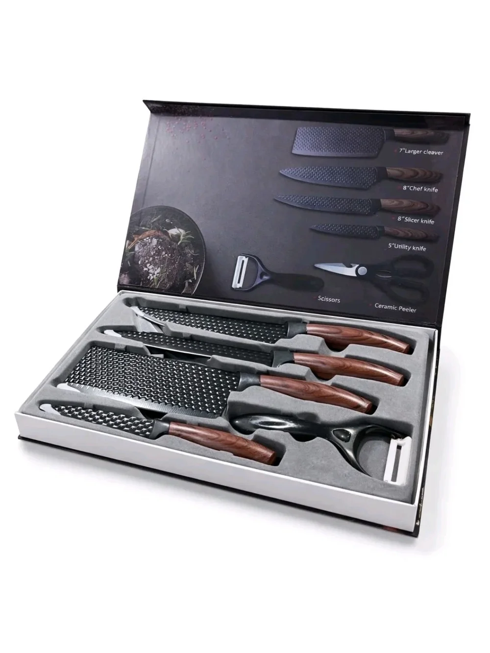 6-Piece Kitchen Knife Set with Peeler and Shears - Black Blades, Brown Handles
